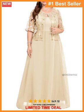 Plus Size Formal 2-Piece Dress Set Chiffon Sequin Jacket Mother of Bride